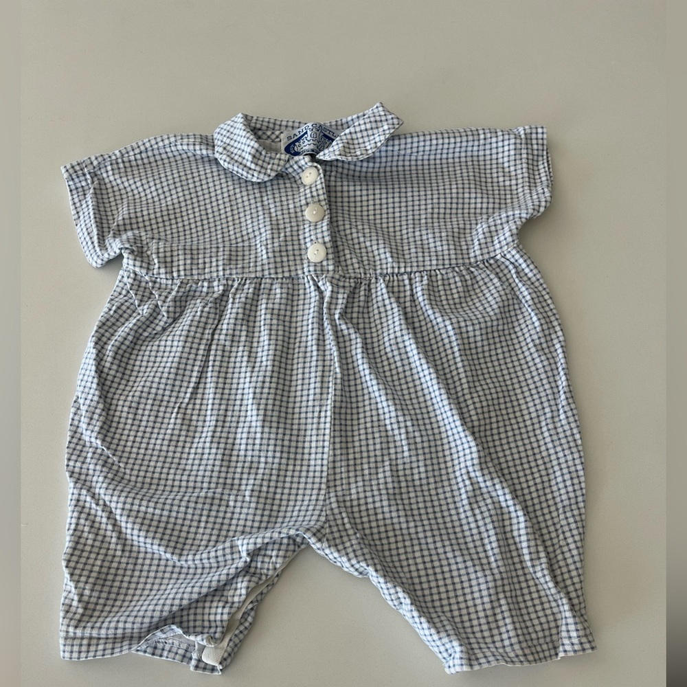 Vintage Baby Cotton Flannel Blue & White Gingham Onesie Sz: 12mos